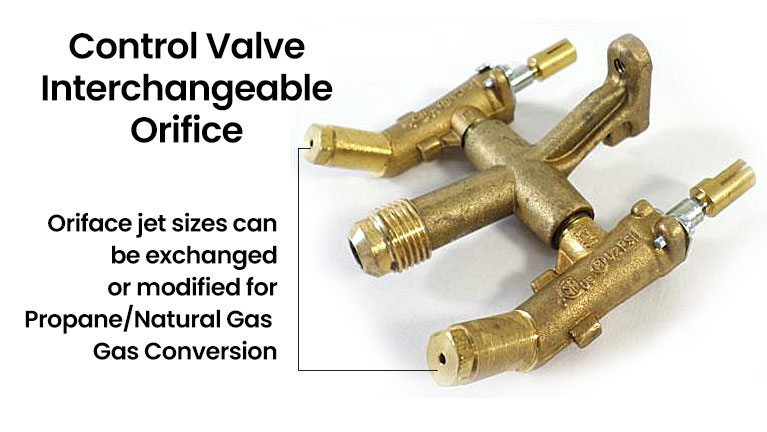 Interchangeable gas valve orifices on bbq gas grill manifold
